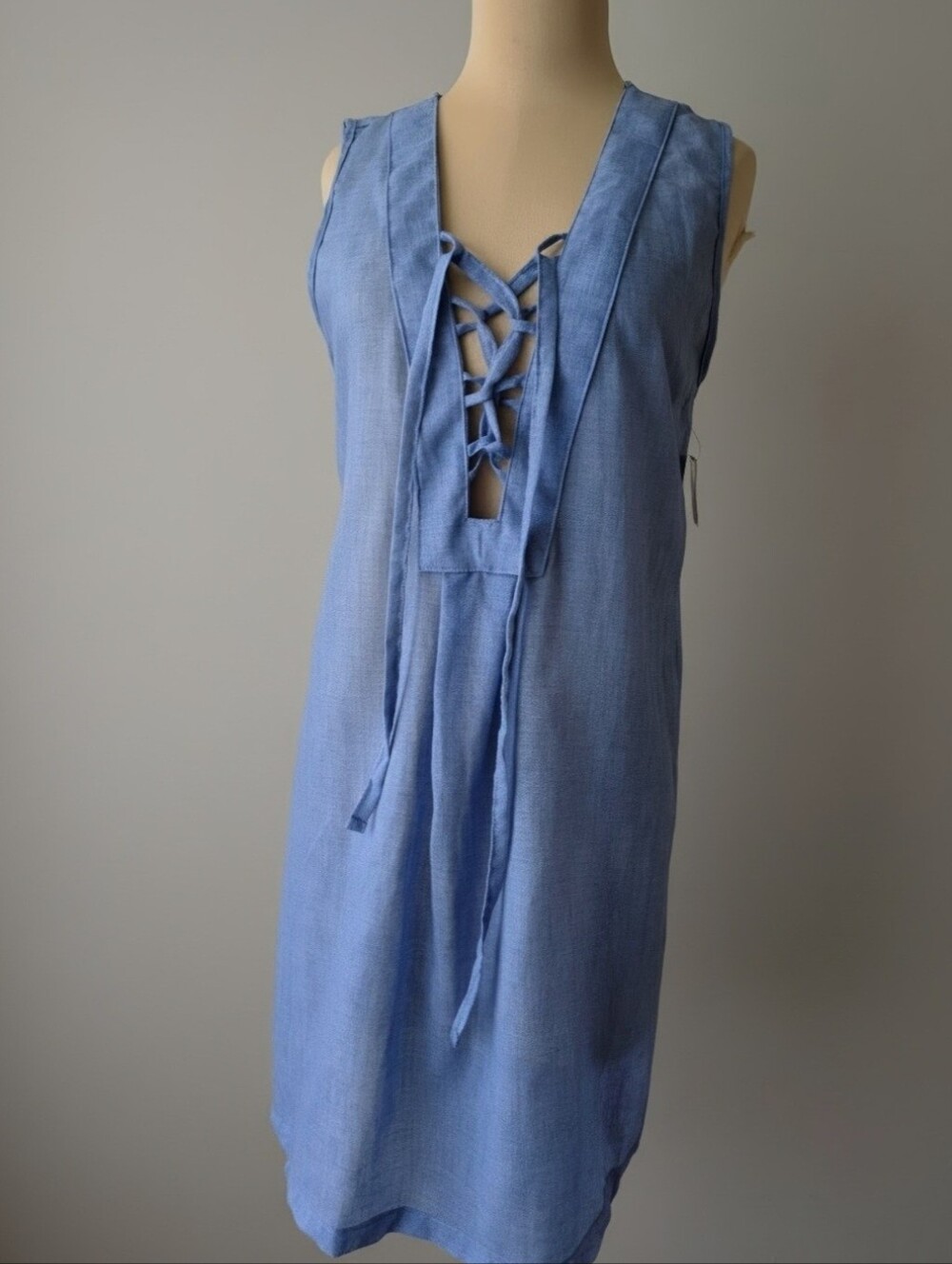 Portacruz Blue Lace-Up Linen-Like Dress / Swim Cover-Up Size Medium Beach‎ Vibes